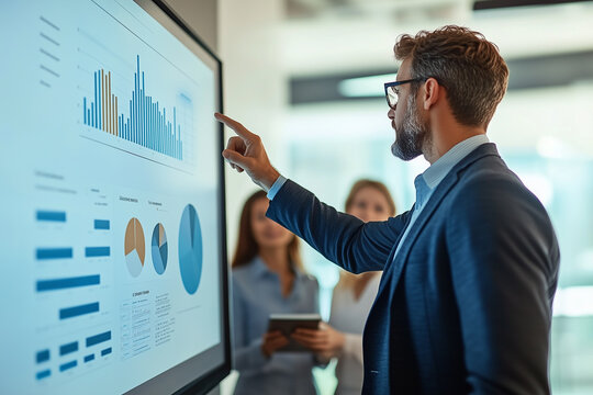 Male consultant presenting to client with diagram on projector screen, business meeting and analysis concept