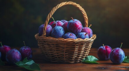 Freshly harvested blue plums in a rustic basket on a wooden table with green leaves