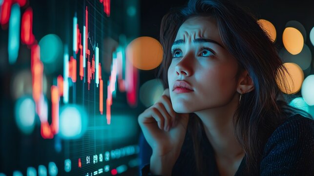 A woman analyzes stock market data, intrigued by fluctuating graphs, illuminated by dynamic lights, showcasing focus and contemplation.