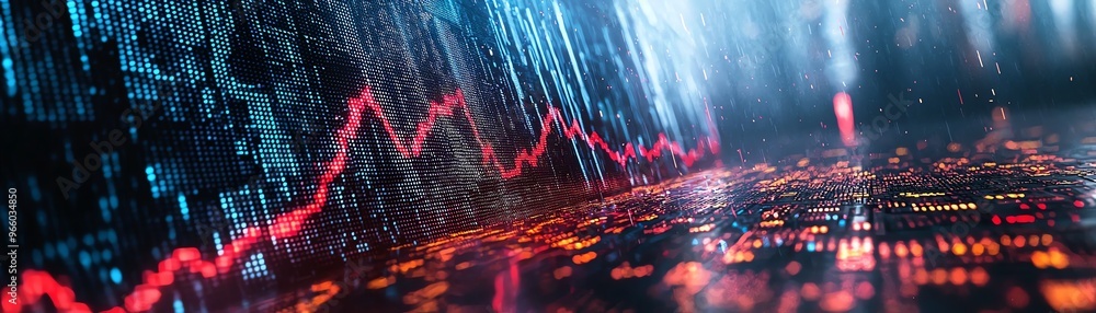 Poster abstract representation of a digital data analysis with vibrant graphs and patterns, conveying the e