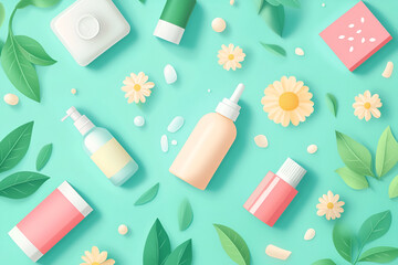 A flat lay of skincare products, leaves, and flowers on a pastel background, representing a fresh and natural beauty routine