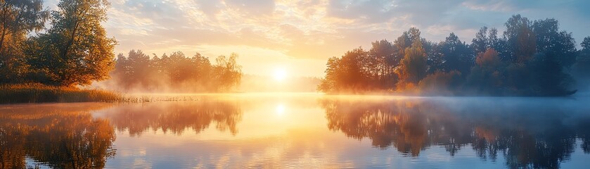 Breathtaking sunrise over a serene lake, with mist rising and vibrant colors reflecting on calm water. Perfect for nature lovers.