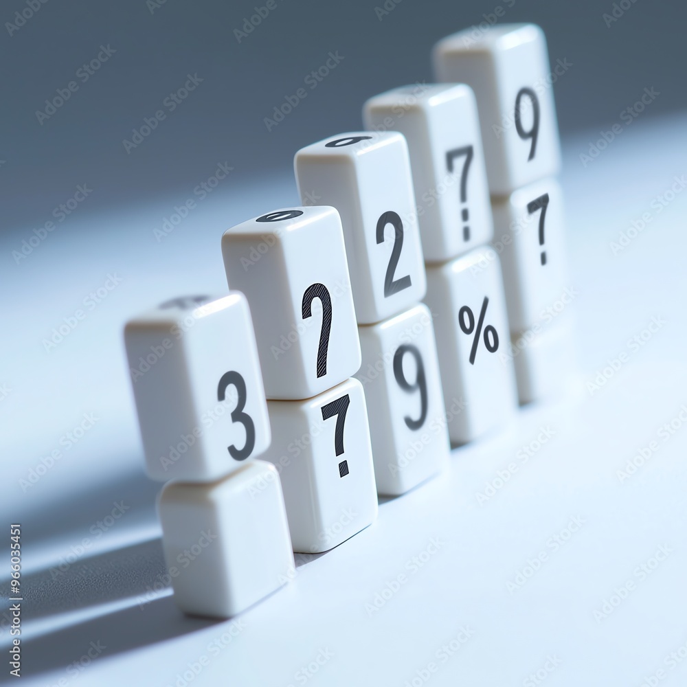 Poster close-up of numeric dice arranged creatively, showcasing numbers and percentages against a soft, min