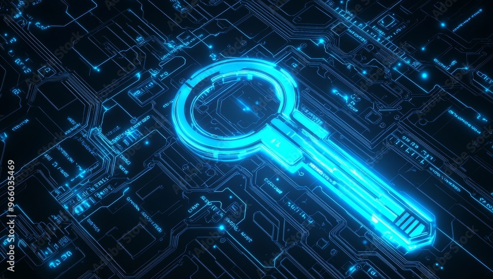 Poster the abstract image shows a digital key on a circuit board background. it has a cyber security theme.