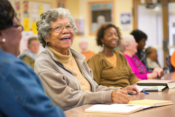 Fototapeta premium Joyful Senior Group Smiling and Enjoying Time Together in a Community Center