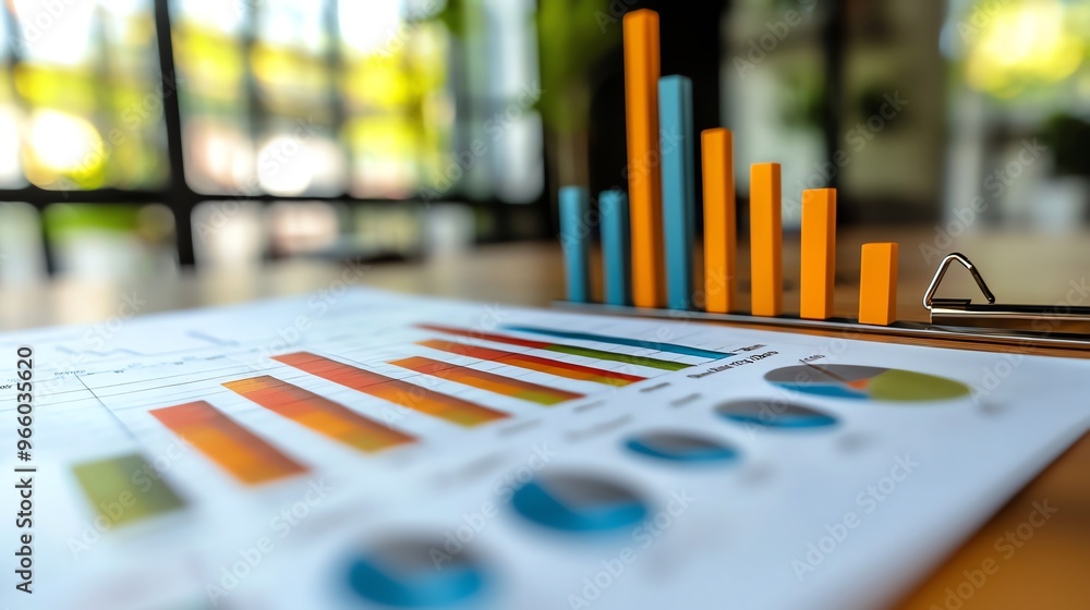 Poster colorful data visualization on paper with bar and pie charts representing business performance and t
