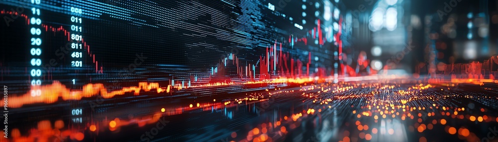 Poster dynamic data visualization with glowing graphs and light trails, showcasing trends and analytics in 