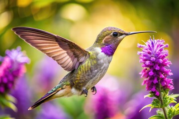 Fototapeta premium A Tiny Hummingbird With Purple Feathers Around Its Throat Hovers Near A Blooming Flower In A Garden.
