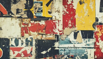 Fototapeta premium A textured collage of weathered posters and advertisements, showcasing vibrant colors and layers of peeling paint.
