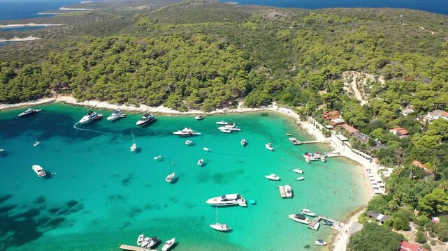 Aerial View of Vinogradi&scaron;će Bay, Pakleni Islands - Boats Anchored in Crystal Waters