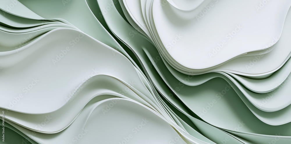 Poster the image shows white and green objects floating in a mesmerizing 3d render
