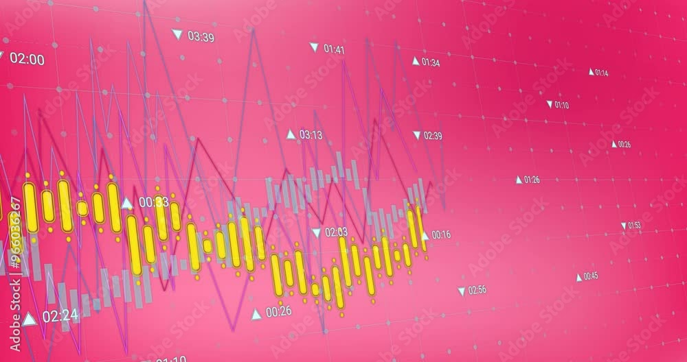 Poster animation of diagrams over data processing on pink background