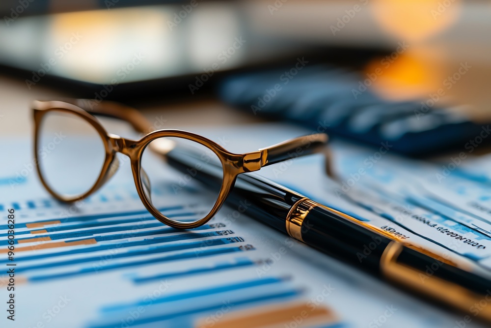 Poster stylish glasses and a pen rest on colorful financial charts and graphs, symbolizing analysis and bus