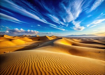 Naklejka premium A Vast, Barren Desert Landscape With Rolling Sand Dunes Under A Clear Blue Sky