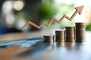 Stacks of coins with rising arrow depicting financial growth