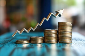 Stacks of coins with rising arrow depicting financial growth
