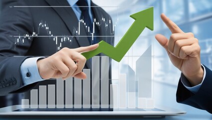 Businessman pointing at an upward arrow on a stock market graph with a bar chart and financial data background