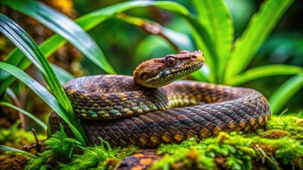 Fototapeta premium A venomous mang mountain pit viper snakes its way through dense foliage in a misty tropical rainforest, its scaly body camouflaged among the undergrowth.