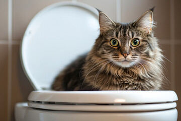 Cat is sitting in the toilet.