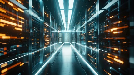 Shot of Corridor in Working Data Center Full of Rack Servers and Supercomputers with Internet connection Visualization Projection, technology, digital, futuristic, future,