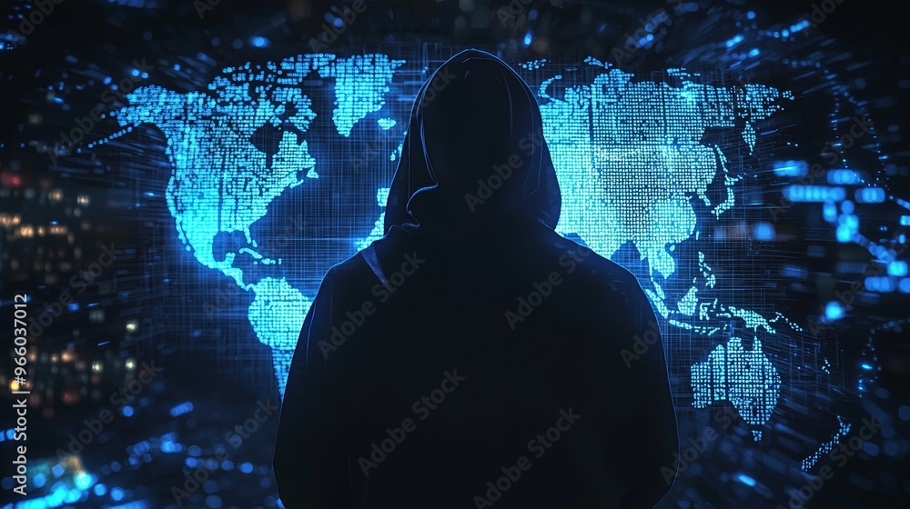 Poster cyber threats around the world, hacker with world map background