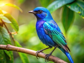 Obraz premium A vibrant blue-backed bird perches on a verdant branch, its iridescent feathers glistening in the sunlight, showcasing its radiant plumage in a serene natural setting.