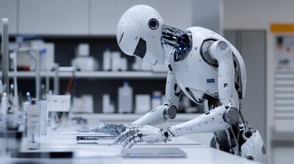 A white humanoid robot with intricate details is hunched over a table in a laboratory.