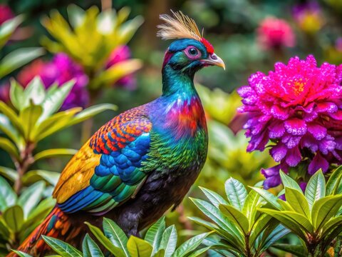 A Vibrant Image Of A Male Himalayan Monal Pheasant Standing Amidst A Lush Rhododendron Bush, Showcasing Its Iridescent Plumage And Distinctive Black Mask.