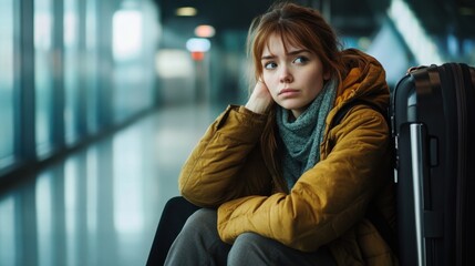 A woman sits in a chair with her head on her hand, wearing a yellow jacket