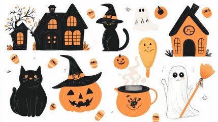 Halloween-themed vector bundle featuring a variety of illustrations with a white background