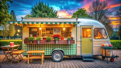 Obraz premium A Vintage Food Trailer Stands In A Colorful Scene, Attracting Customers With Its Classic Aesthetic And Inviting Aroma.