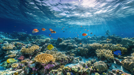 Naklejka premium A vibrant coral reef teeming with colorful fish, captured in the clear blue waters.