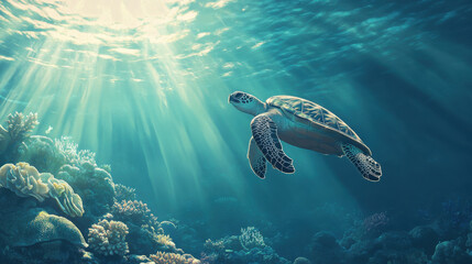 Obraz premium A sea turtle gliding gracefully over a coral bed, with sunlight filtering through the water.