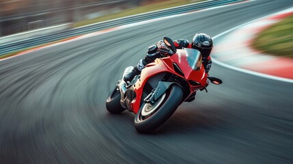 A high-speed motorcycle racing around a sharp curve on a racetrack, with motion blur in the background.