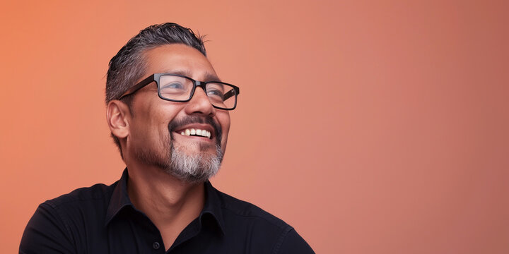 Studio headshot portrait of smiling professional Hispanic man with facial hair, glasses, and black button up shirt
