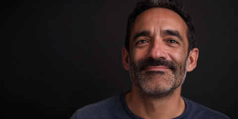 Obraz premium Studio portrait of smiling and handsome middle aged man with moustache facial hair, casual cotton t shirt and dark gray background