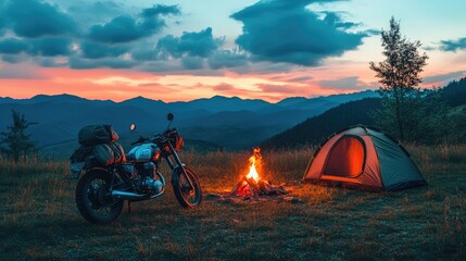 A motorcycle parked beside a campfire, with a tent and mountains visible in the distance.