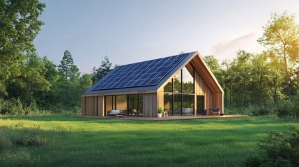 Modern House with Solar Panels on the Roof - AI generated illustration
