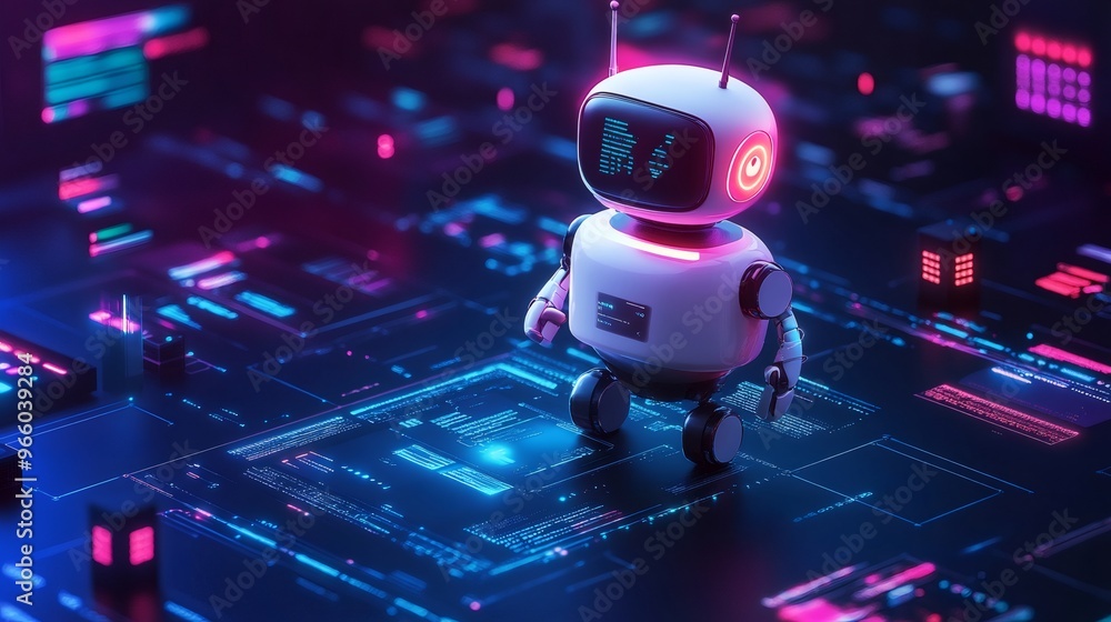 Poster a white robot with a screen displaying blue code stands on a futuristic digital surface with neon bl
