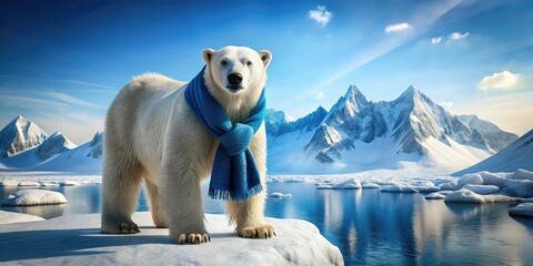 A White Polar Bear With A Blue Scarf Stands On An Icy Surface, With A Clear Blue Sky And Mountains In The Background, Representing A Well-Known Drink Brand.