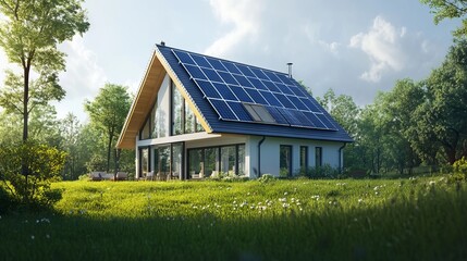 Modern House with Solar Panels on the Roof - AI generated illustration