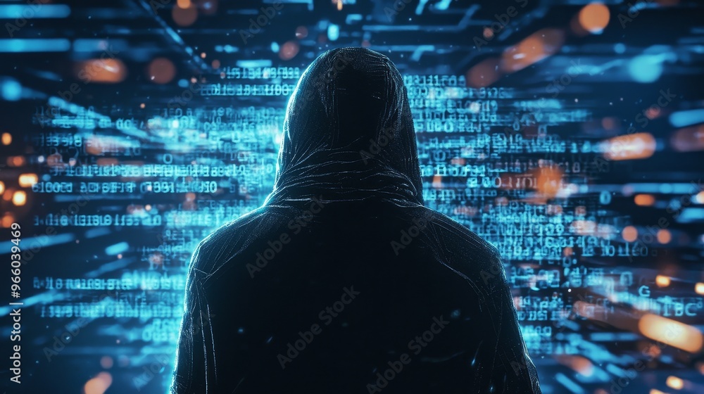 Poster dark blue background with double exposure of immersive data protection interface with unrecognizable