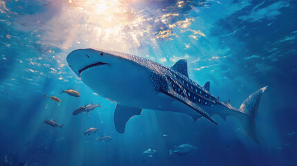A whale shark swimming serenely through the ocean, with smaller fish accompanying it.