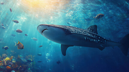 Fototapeta premium A whale shark swimming serenely through the ocean, with smaller fish accompanying it.