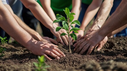 urban tree-planting initiative with hands planting young tree for environmental sustainability and greener cities