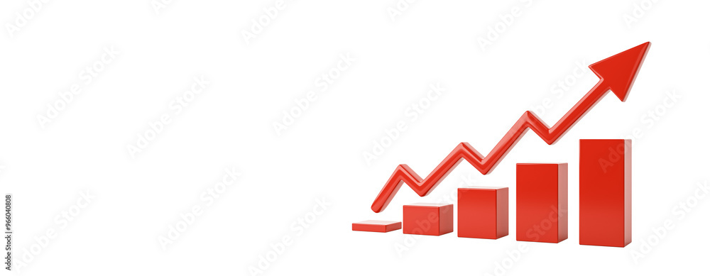 Poster red bar chart with an upward arrow on a white background, symbolizing growth and success. 3d renderi