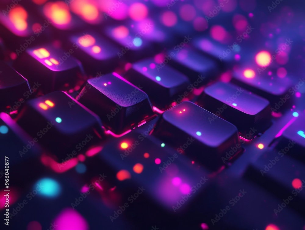 Aufkleber close-up of a colorful gaming keyboard featuring illuminated keys in a dark room