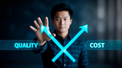 Man interacting with virtual quality-cost interface