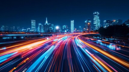 AI traffic analytics, digital visualization, urban skyline, glowing data streams