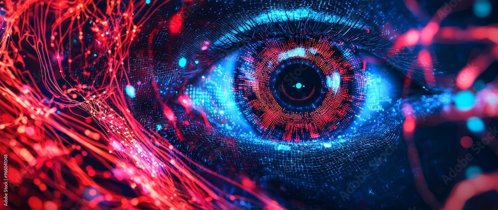 Aufkleber the eye of someone working with digital data, on a background of abstract network information. cyber
